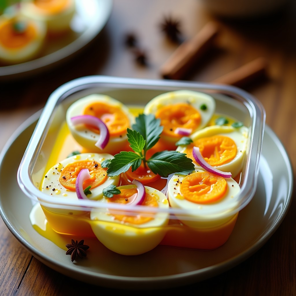 Tupper de cristal transparente con huevos escabechados marrones dorados por la cúrcuma, bañados en vinagreta amarilla brillante con trozos de cebolla morada, zanahoria y apio. Decorados con cilantro fresco y almendras tostadas, sobre fondo rústico de madera.