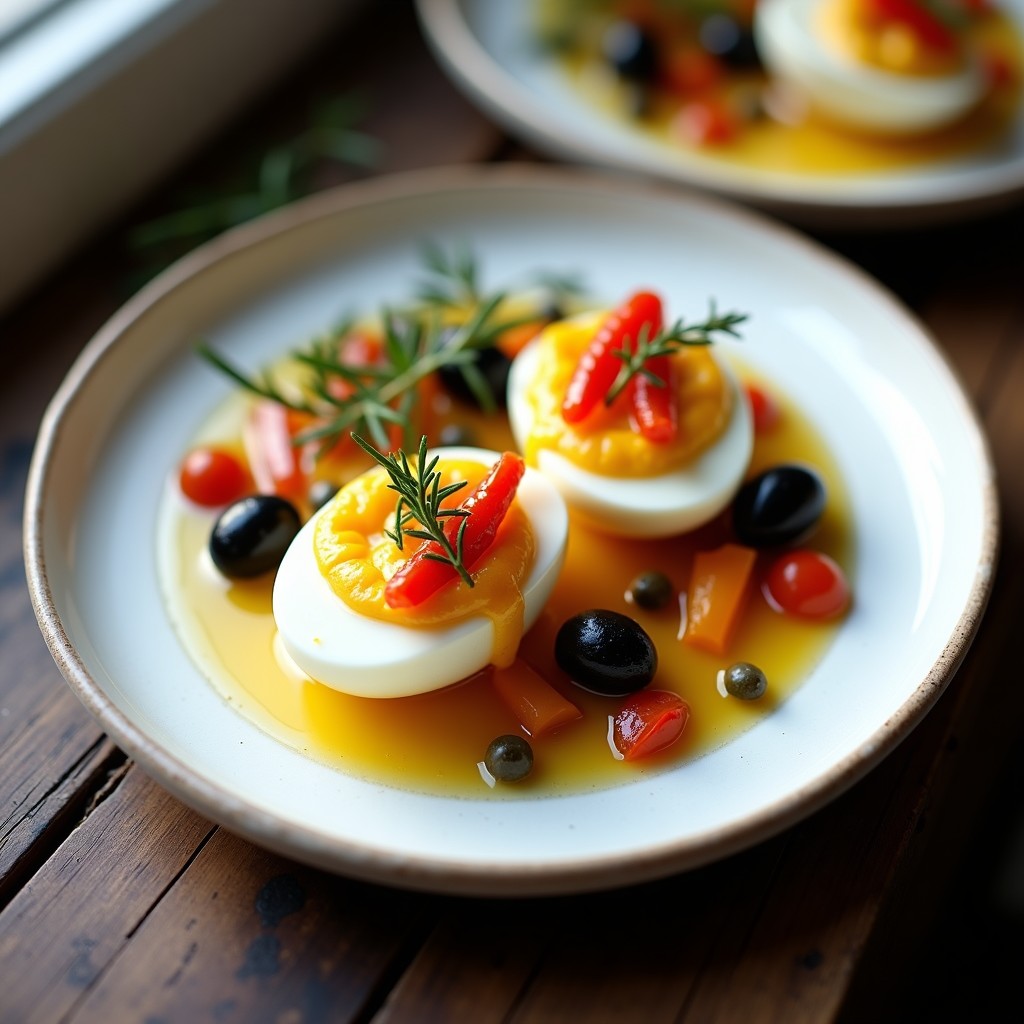 Plato hondo de cerámica blanca con huevos escabechados cortados por la mitad, bañados en un líquido dorado con pimientos asados en tiras y aceitunas Taggiasche negras. Decorado con hojas de albahaca fresca y un hilo de aceite de oliva. Receta de huevos escabechados con pimientos asados y aceitunas Taggiasche en Thermomix.