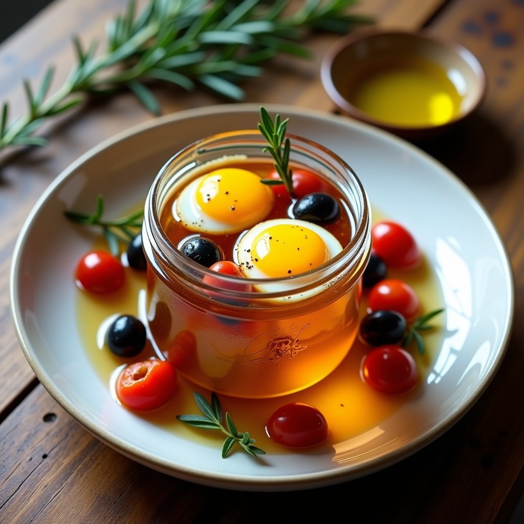 Frasco de vidrio transparente con huevos escabechados sumergidos en líquido dorado, acompañados de tiras de pimientos asados rojos, aceitunas Kalamata negras y tomates cherry. Plato de madera rústica al fondo con hierbas frescas y un chorrito de aceite de oliva.