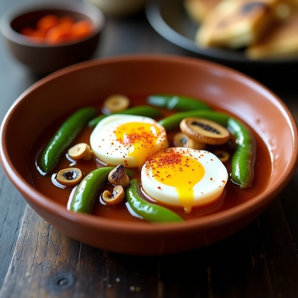 Plato hondo de barro con huevos escabechados cortados por la mitad, mostrando yema cremosa, rodeados de pimientos de padrón verdes y joanetes doradas en salsa de escabeche. Decorado con pimentón de la Vera y aceite de oliva virgen extra, sobre fondo rústico de madera.