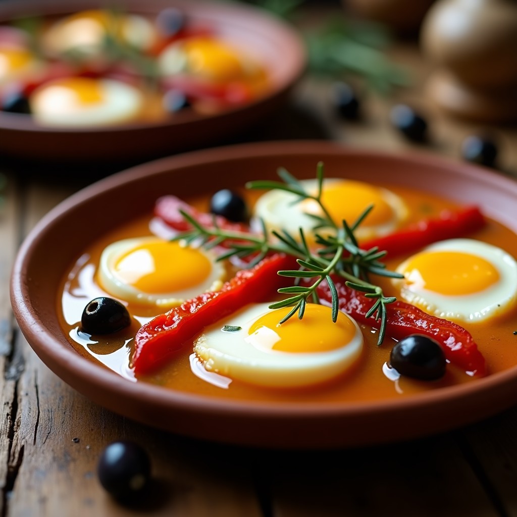 Huevos escabechados dorados en un bol de barro con pimientos del piquillo rojos, aceitunas kalamata moradas y verduras en escabeche, servidos sobre una mesa rústica de madera con hierbas frescas.