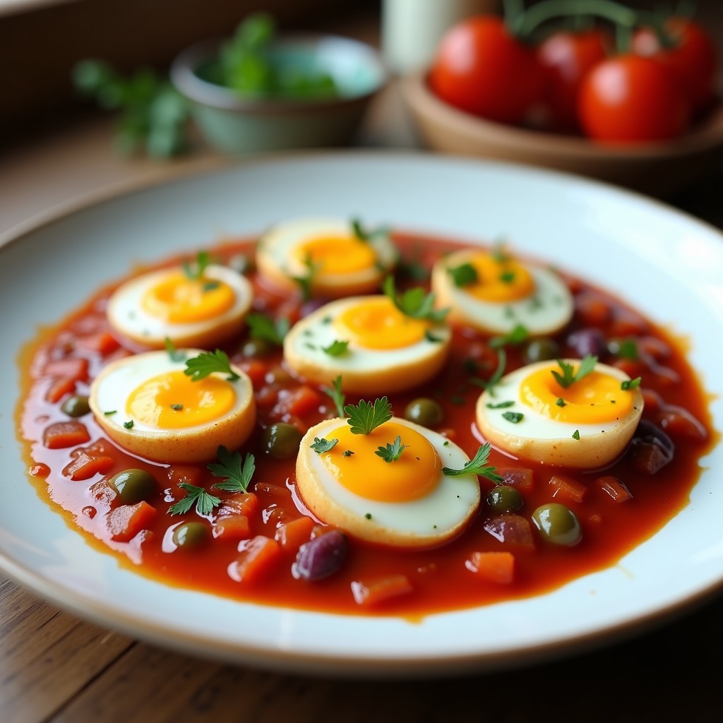 Plato de huevos escabechados bañados en una salsa espesa de tomate y alcaparras, con trozos de cebolla morada y ajo. Receta española de huevos escabechados con salsa de tomate y alcaparras en olla rápida, servidos en un plato blanco rústico con hierbas frescas.