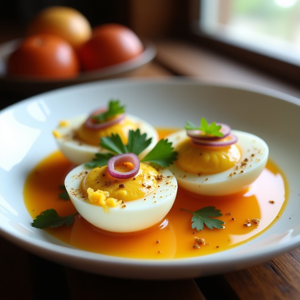 Plato blanco con huevos escabechados en salsa dorada de tamarindo y jengibre, decorados con cebolla morada y cilantro fresco, receta peruana en olla express sin aceite.