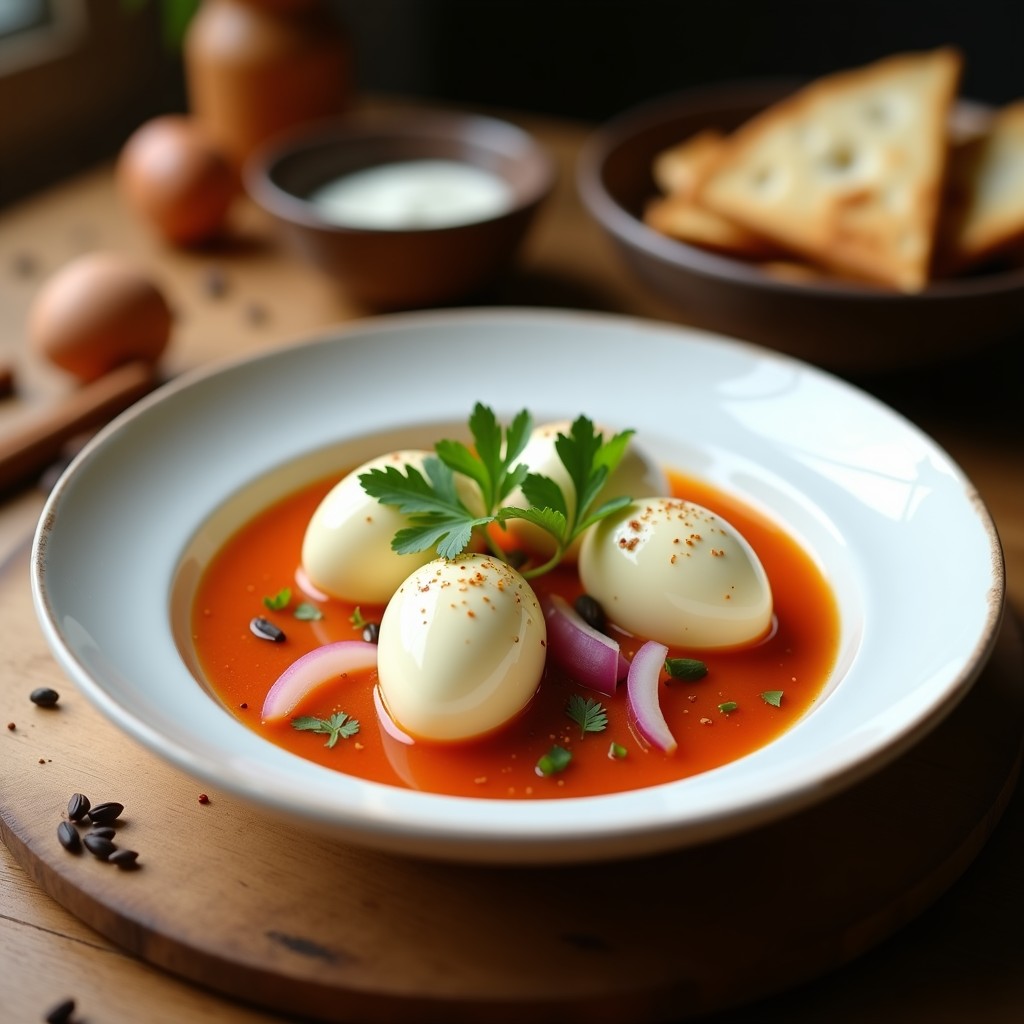 Plato blanco con huevos escabechados bañados en una salsa oscura y brillante de tamarindo, decorados con cilantro fresco picado. Al fondo, pan pita y rodajas de limón. Receta de huevos escabechados en salsa de tamarindo con toque árabe.