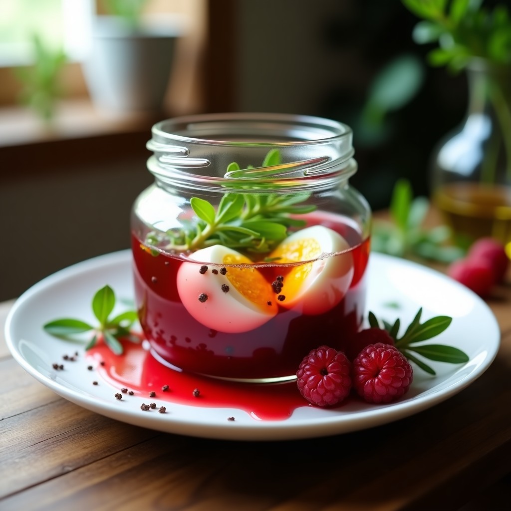 Frasco de vidrio transparente con huevos de codorniz escabechados en vinagre de frambuesa, rodeados de hojas de rúcula fresca y especias. Plato keto y antiinflamatorio listo para servir.