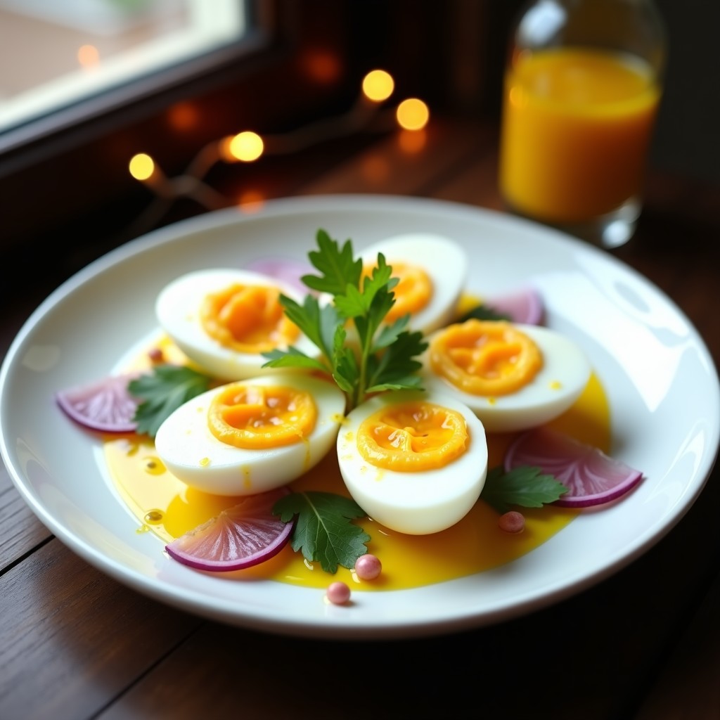 Plato blanco con huevos escabechados cortados por la mitad, bañados en vinagreta de maracuyá amarilla brillante, acompañados de cebolla morada en juliana y decorados con hojas de cilantro fresco y pimienta rosa, sobre fondo rústico de madera oscura.