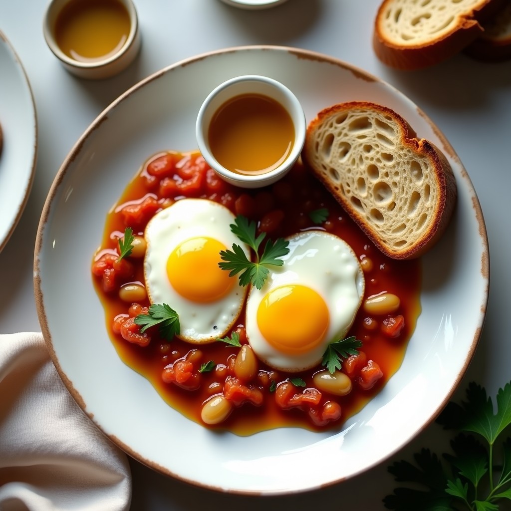 Plato blanco rústico con huevos escortabechados cortados por la mitad, bañados en un aderezo dorado de mostaza y miel, acompañados de cebolla morada y zanahoria en escabeche. Desayuno proteico y colorido.
