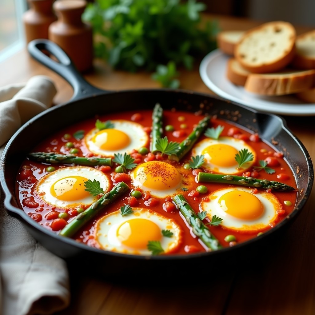 Sartén antiadherente con huevos a la flamenca recién horneados, rodeados de espárragos trigueros salteados con pimentón de la Vera, yemas líquidas y perejil fresco espolvoreado, receta tradicional andaluza.