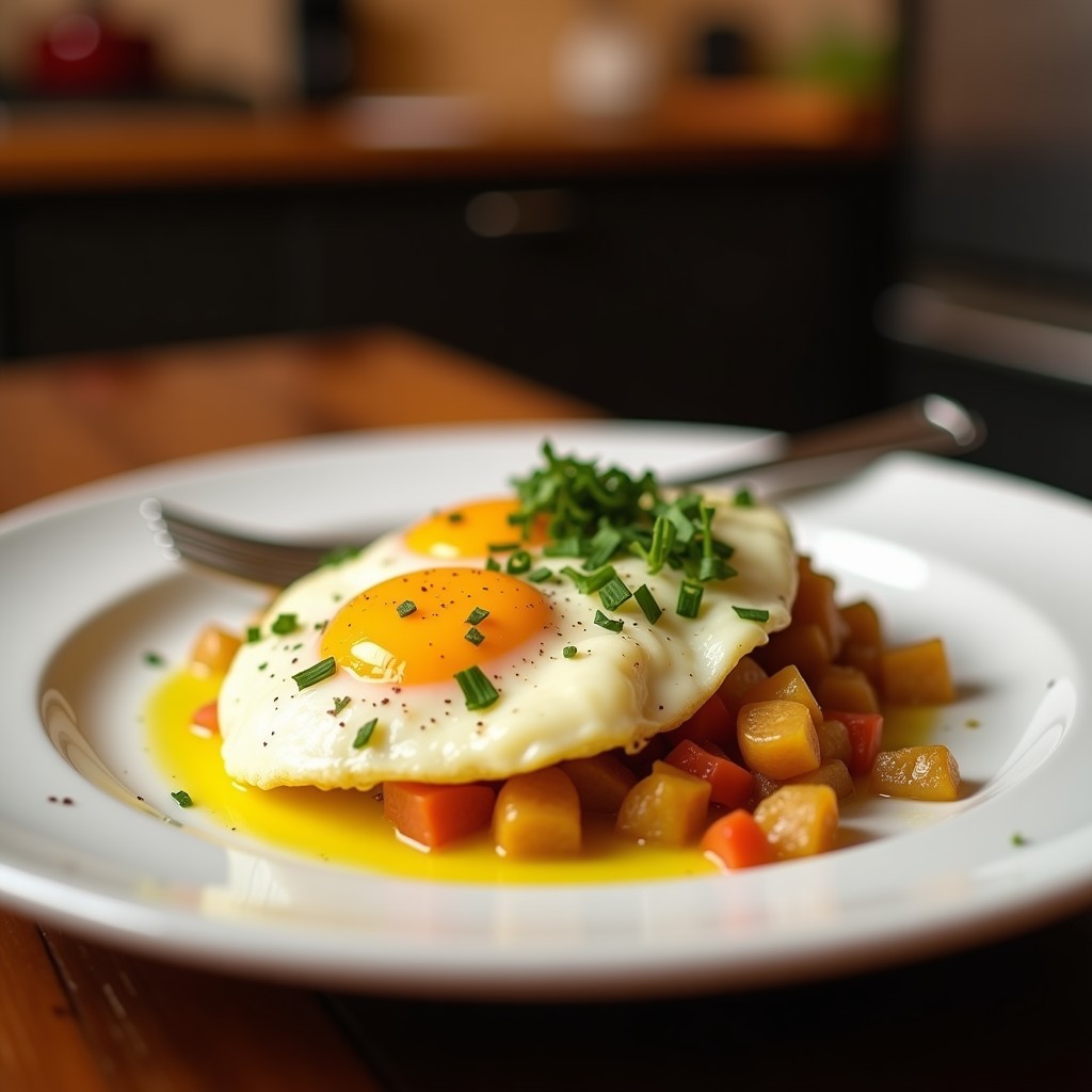 Plato gourmet de Huevos al Nido con Champiñones y Trufa servido en olla lenta: nidos de patata dorada con huevo cuajado, champiñones portobello salteados, láminas de trufa negra y perejil fresco, sobre fondo rústico.