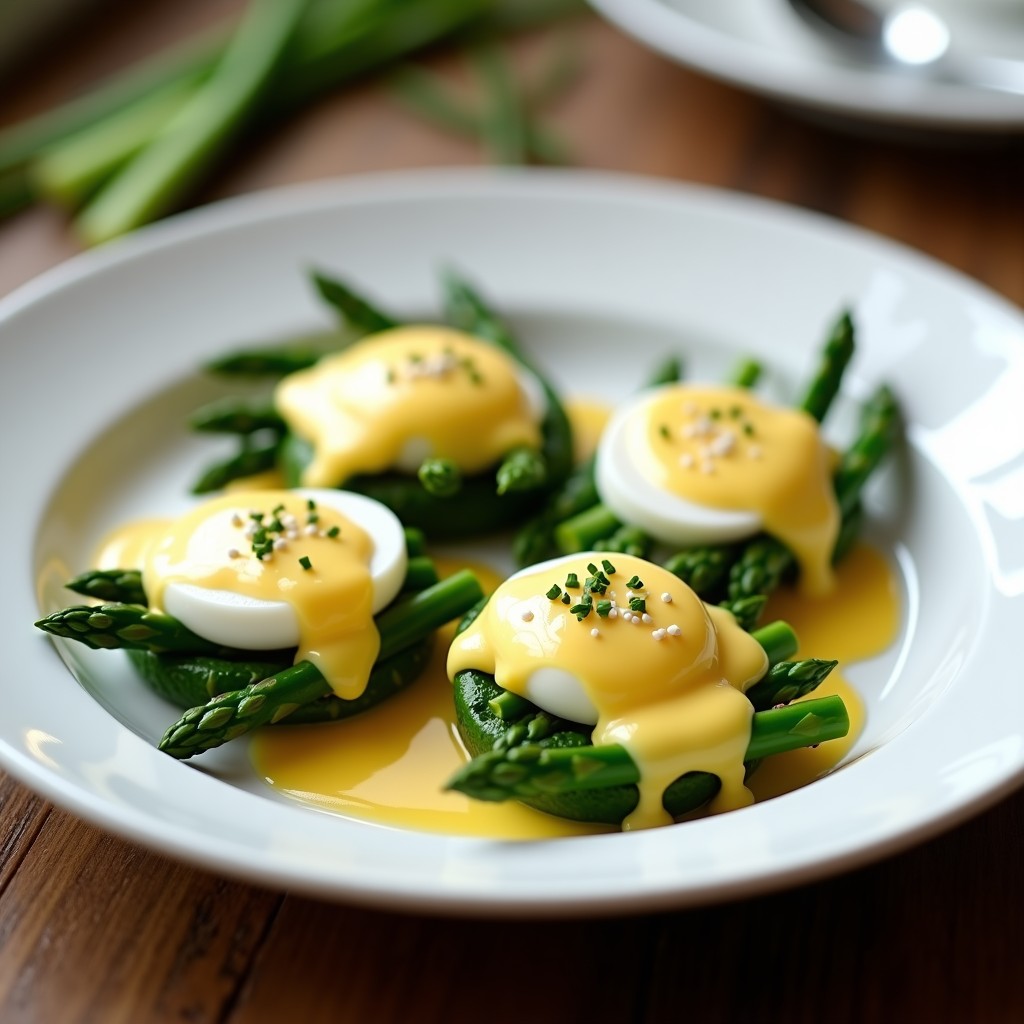 Plato blanco elegante con huevos en nido de espárragos trigueros verdes, yema líquida y salsa holandesa ligera dorada, decorado con cebollino fresco. Receta en Thermomix de huevos en nido con espárragos y salsa holandesa.