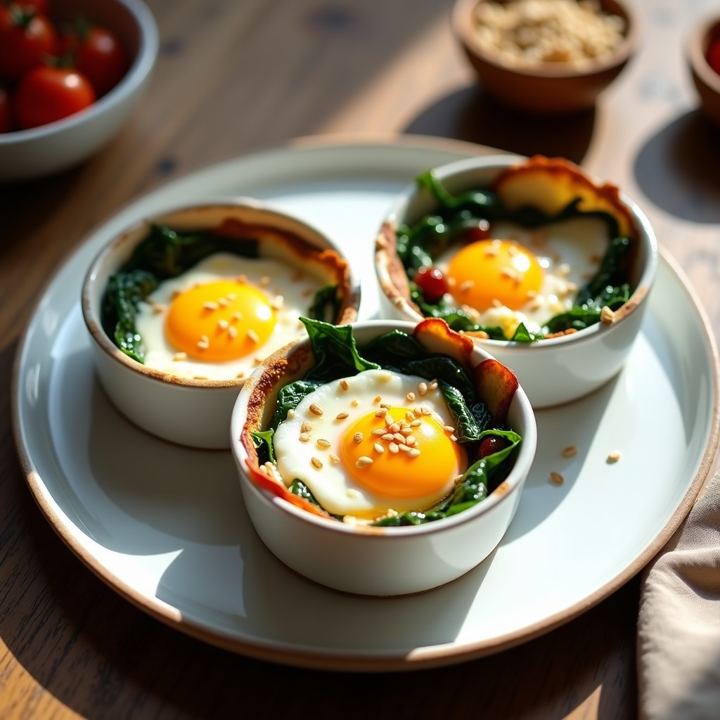Dos huevos en nido de espinacas y tomate seco horneados en moldes individuales, con yema cremosa, queso parmesano dorado y semillas de sésamo espolvoreadas. Plato de desayuno keto rápido y saludable.