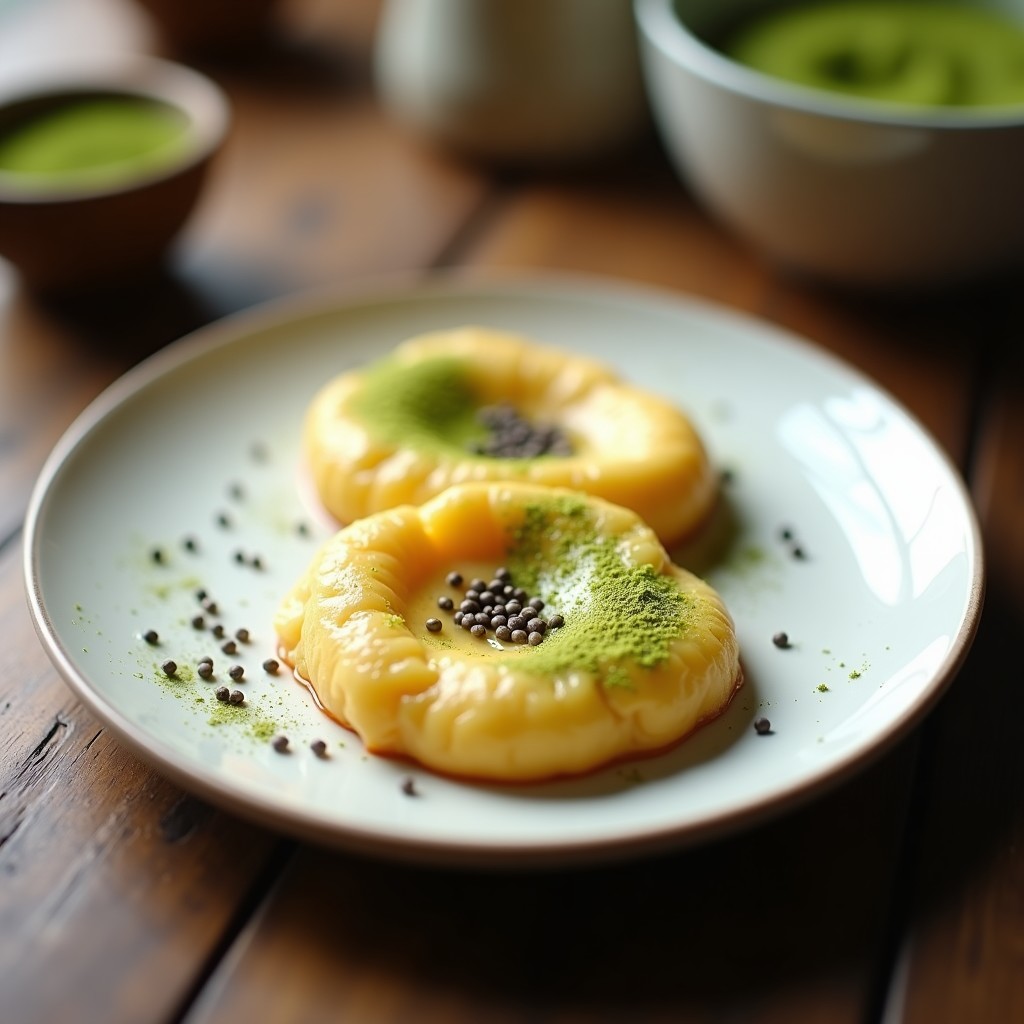 Dos huevos en nube esponjosos de color blanco crema con vetas verdes de matcha y semillas de chía negras y blancas espolvoreadas, servidos en platos blancos sobre fondo rústico de madera. Desayuno keto saludable.