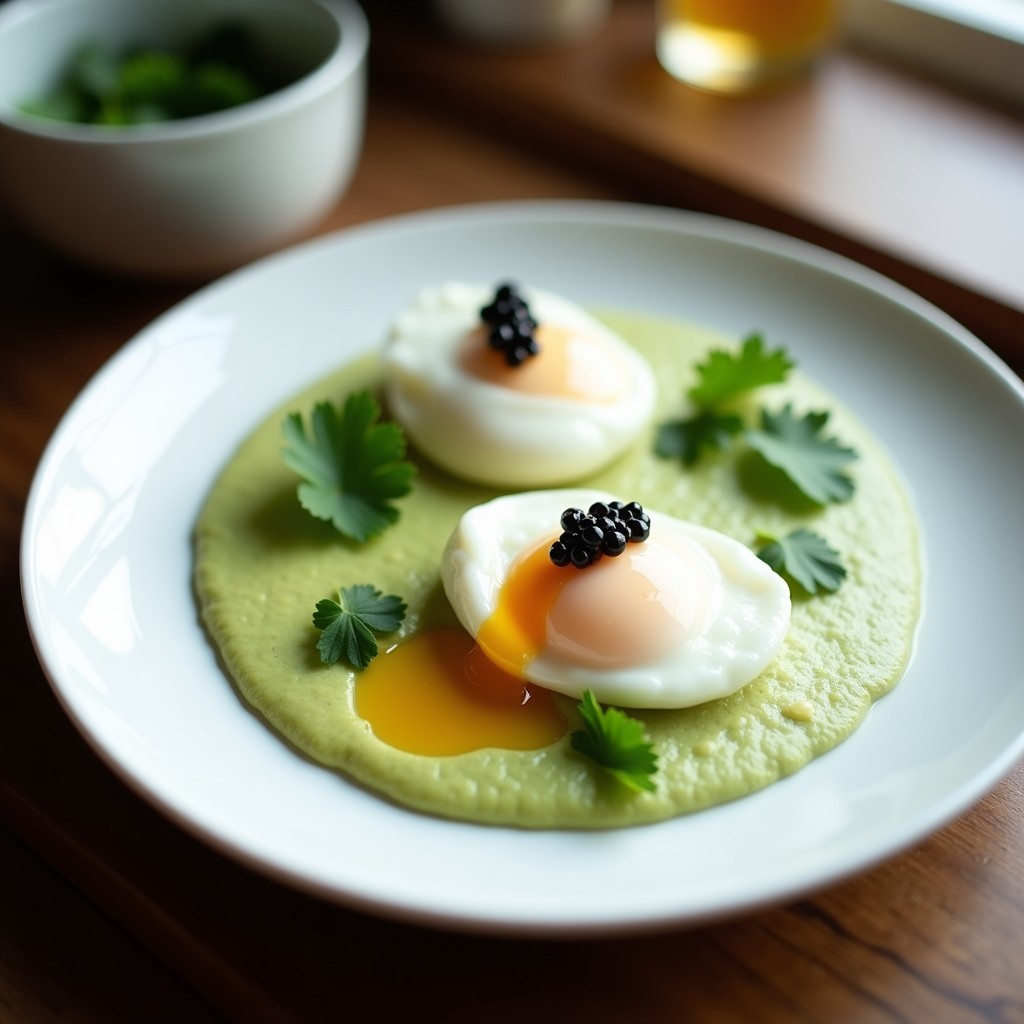 Plato blanco elegante con huevos pochados sobre una espuma verde cremosa de aguacate, decorados con caviar de limo negro brillante, cilantro fresco y un hilo de aceite de oliva. Desayuno colombiano gourmet.