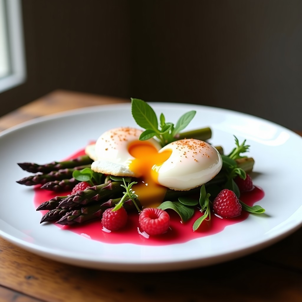 Plato blanco elegante con huevos pochados de yema líquida sobre espárragos morados cocidos al dente, bañados en vinagreta de frambuesa de color rosado y decorados con hojas de menta fresca. Receta francesa alta en proteína.