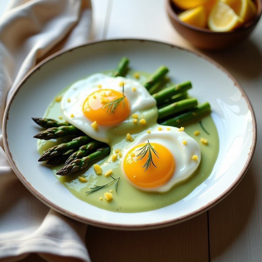 Plato elegante con huevos pochados sobre espárragos trigueros salteados, cubiertos con una cremosa salsa holandesa de aguacate de color verde suave, decorado con hojas de eneldo fresco y ralladura de limón. Desayuno keto sofisticado y lleno de grasas saludables.