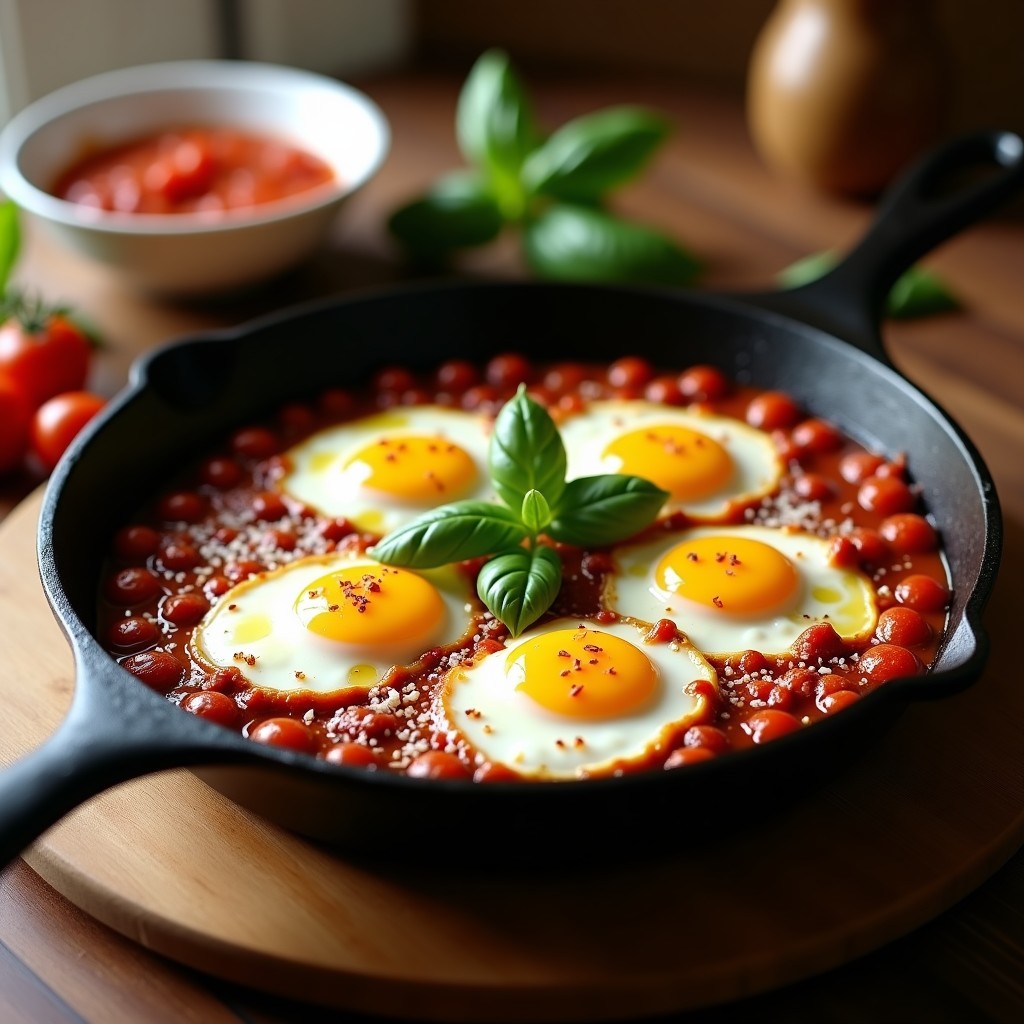 Sartén de hierro con huevos en purgatorio keto: yemas líquidas sobre una base de tomates secos, albahaca fresca y queso parmesano, con virutas de guindilla roja.
