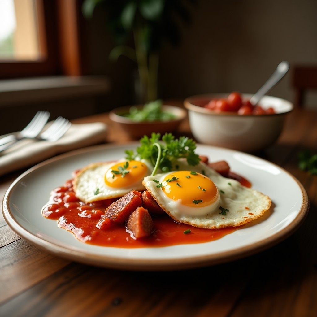 Foto de huevos rancheros con chorizo y salsa roja picante en una tortilla de maíz, lista para ser servida, receta mexicana fácil y rápida