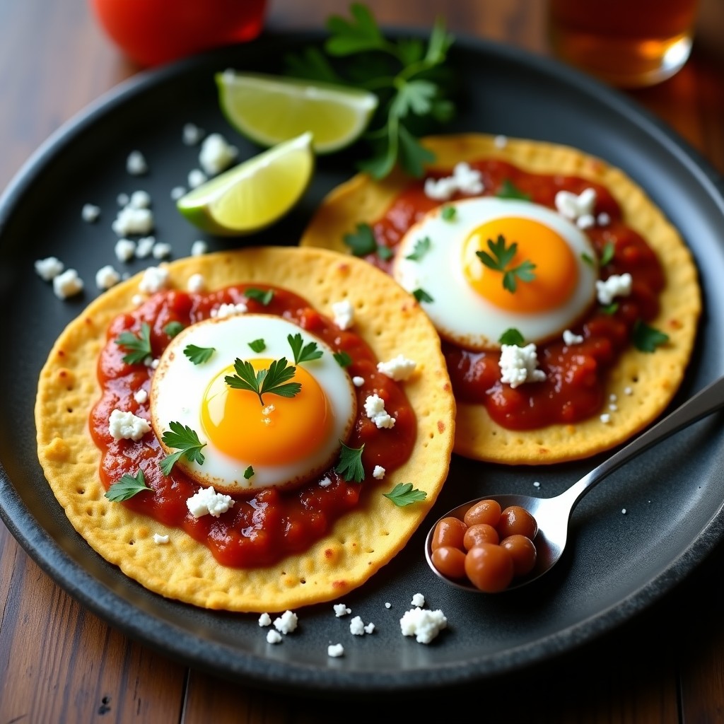 Foto de huevos rancheros mexicanos con tortilla crujiente y salsa roja casera, lista para ser servida en un plato de cerámica