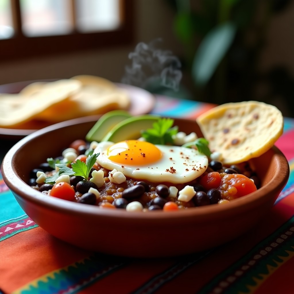 Plato hondo de barro con huevos rancheros en salsa de frijoles negros, huevos escalfados con yema líquida, aguacate en cubos, cilantro fresco y queso desmenuzado, acompañado de tortillas de maíz azules tostadas. Receta de huevos rancheros con frijoles negros en olla lenta.
