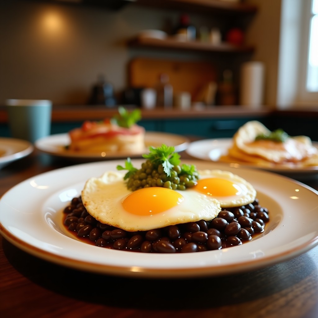Plato hondo de barro con huevos rancheros tradicionales: tortillas de maíz azul cubiertas con frijoles negros estofados en salsa verde casera, huevo frito con yema líquida, queso fresco desmenuzado, crema ácida y cilantro fresco. Receta mexicana en olla de hierro.