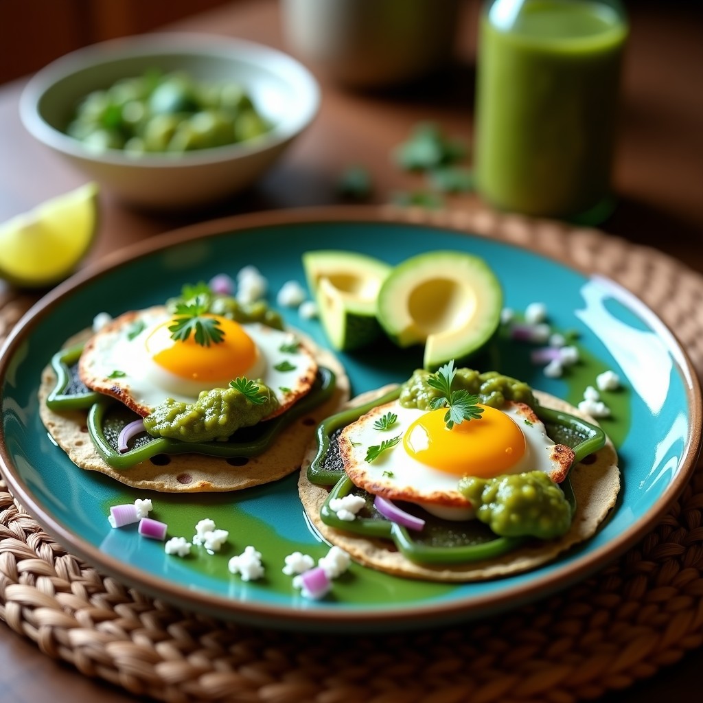 Plato de huevos rancheros con nopales y salsa verde servido en tortillas de maíz azules, bañado en salsa verde fresca, espolvoreado con queso fresco y cilantro, con nopales salteados al lado. Desayuno mexicano alto en fibra.