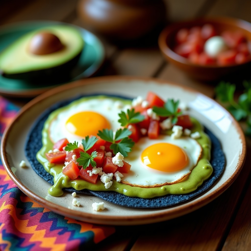 Plato de Huevos Rancheros con Salsa de Aguacate y Maíz Azul keto: tortillas azules oscuras con huevos fritos sobre una base de jitomate y cebolla, cubiertos de cremosa salsa de aguacate verde, queso fresco desmenuzado y cilantro fresco. Presentación rústica con toques de crema ácida blanca.