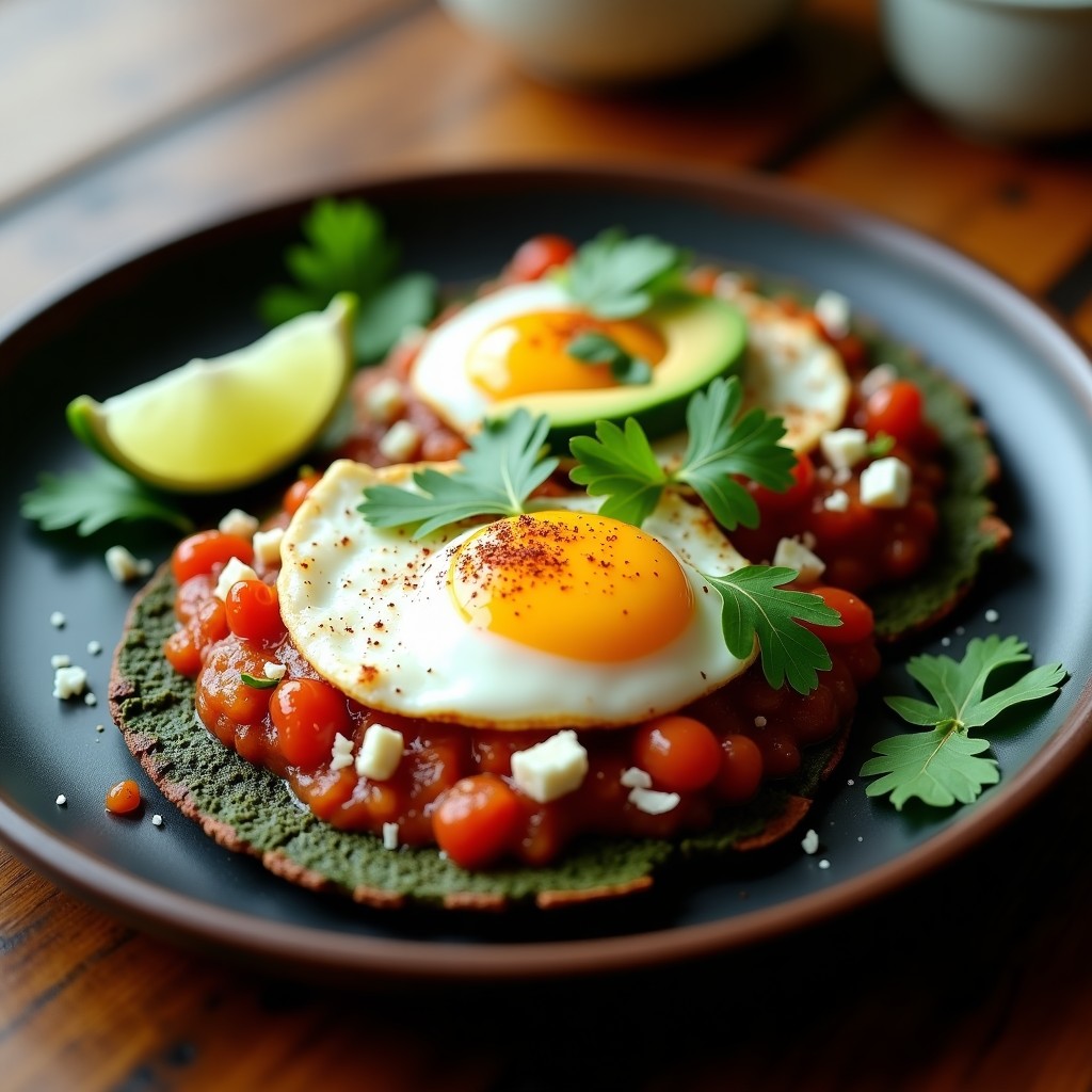 Plato de huevos rancheros keto con tortillas crujientes de algas nori, huevos escalfados, salsa ranchera espesa, aguacate en cubos, queso fresco y cilantro, servido en plato de barro rústico.