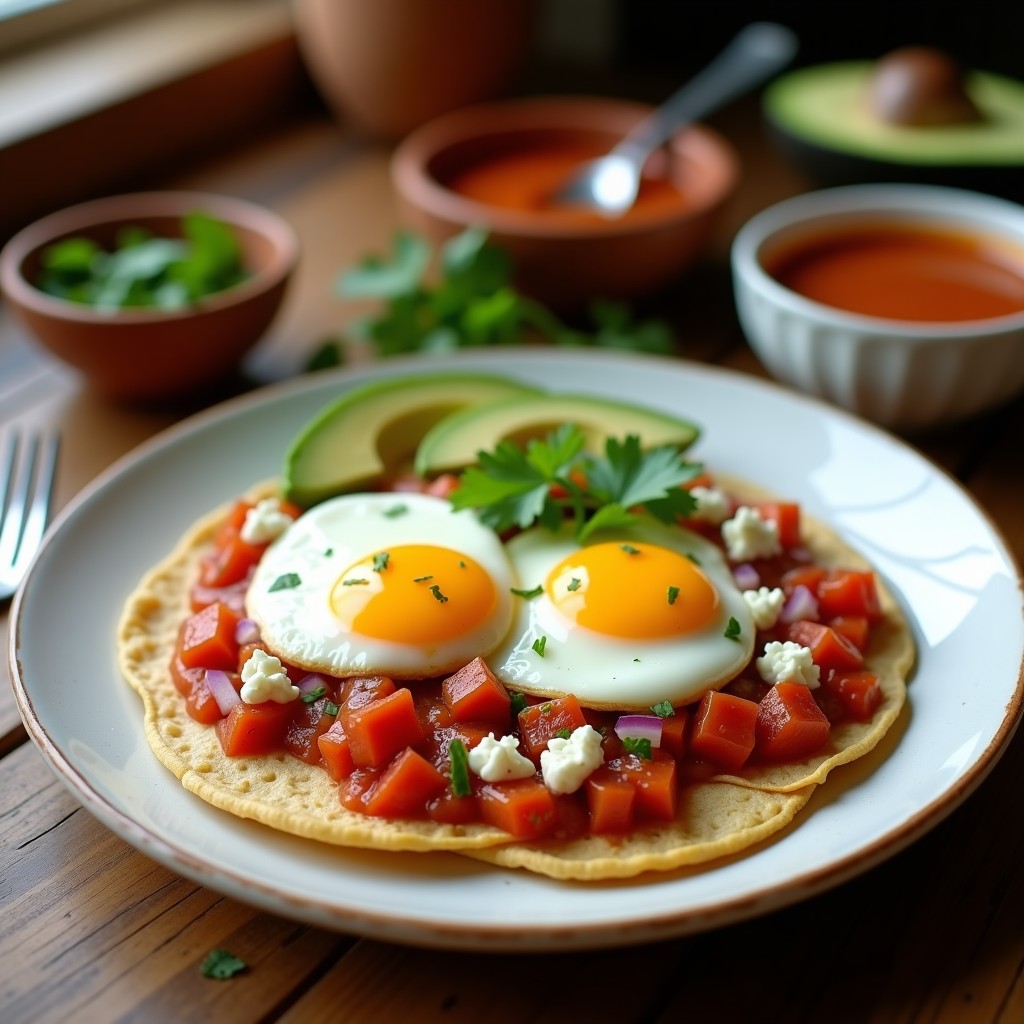 Plato de Huevos Rancheros con Tortillas de Almendra keto: dos tortillas doradas de harina de almendra apiladas con huevos poché, bañadas en salsa ranchera rojiza con trozos de tomate y chile, decoradas con cubos de aguacate verde, queso fresco desmenuzado y cilantro fresco, sobre fondo rústico de madera.
