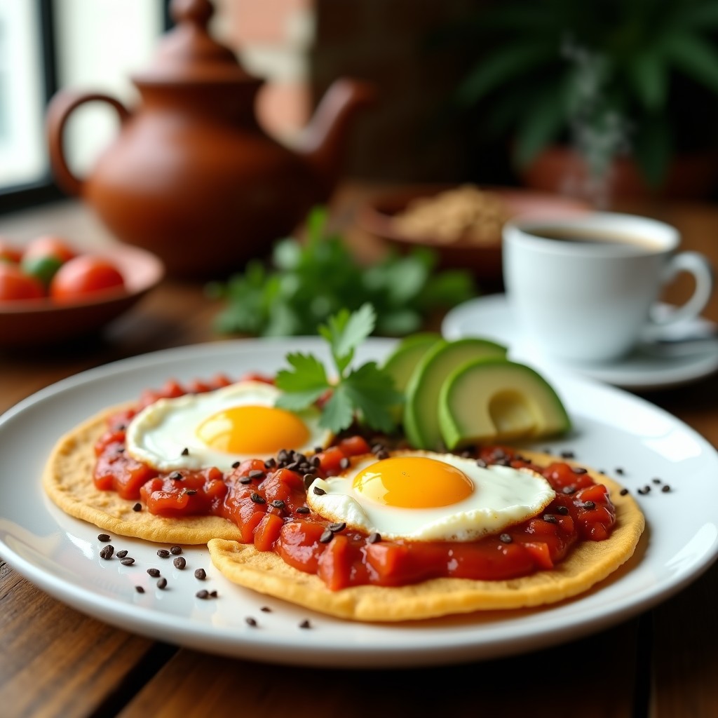 Plato de huevos rancheros con tortillas doradas de garbanzo, cubiertas de salsa ranchera roja, huevos pochados, aguacate en rodajas y queso fresco desmenuzado, decorado con cilantro fresco sobre fondo rústico de madera.