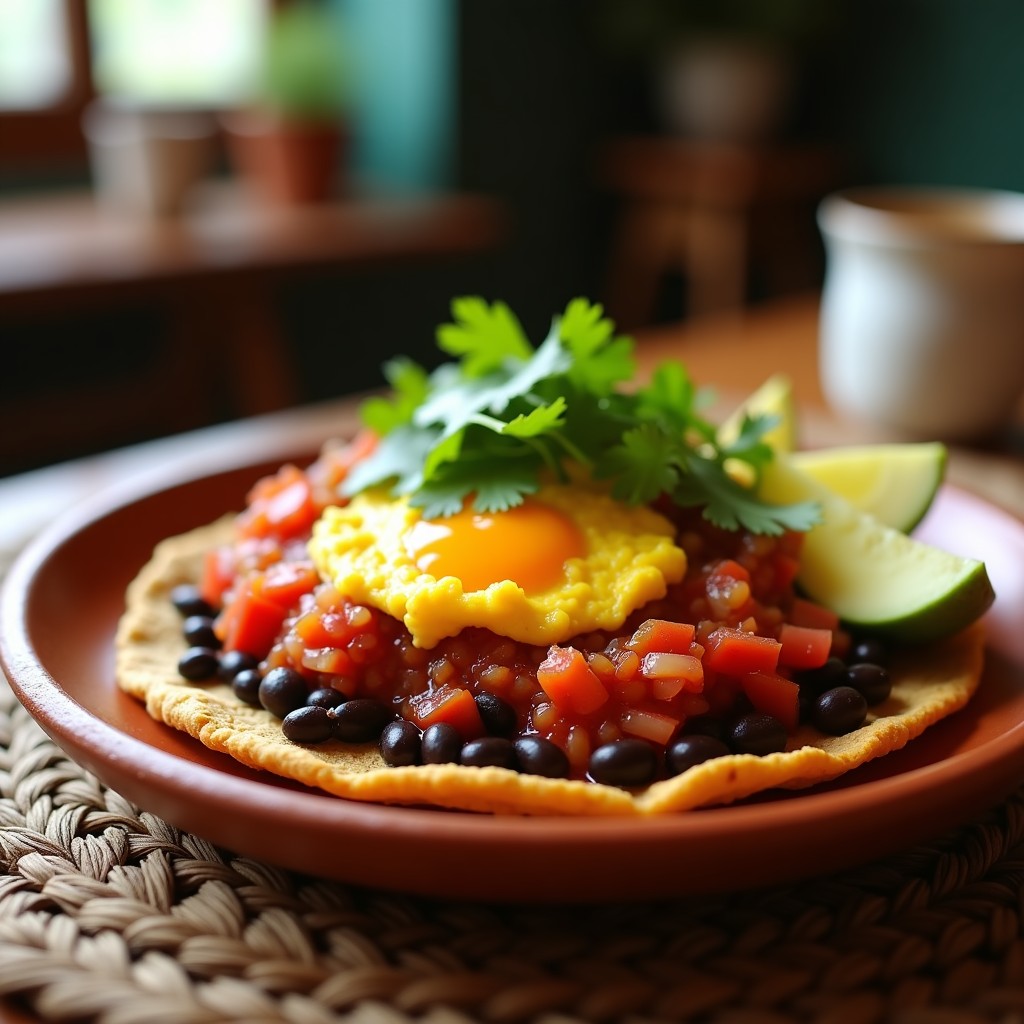Plato mexicano colorido con tortillas doradas de lentejas, tofu revuelto amarillo simulando huevo, salsa ranchera roja, frijoles negros, aguacate en rodajas y cilantro fresco. Receta vegana y sin gluten de huevos rancheros.