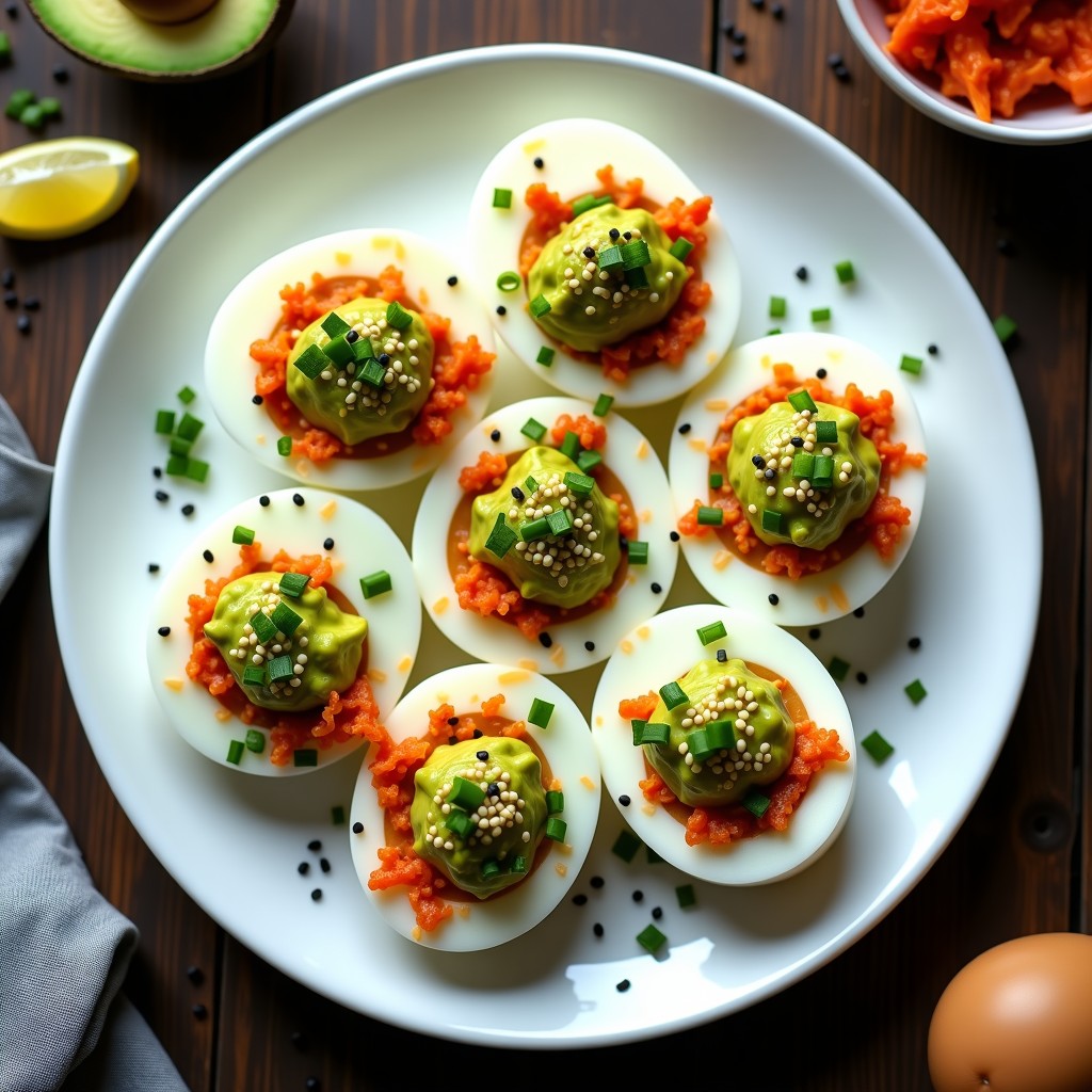 Huevos duros cortados por la mitad rellenos de una mezcla cremosa de aguacate y kimchi, con semillas de sésamo y cebollino fresco, servidos en un plato blanco sobre fondo de madera rústica.