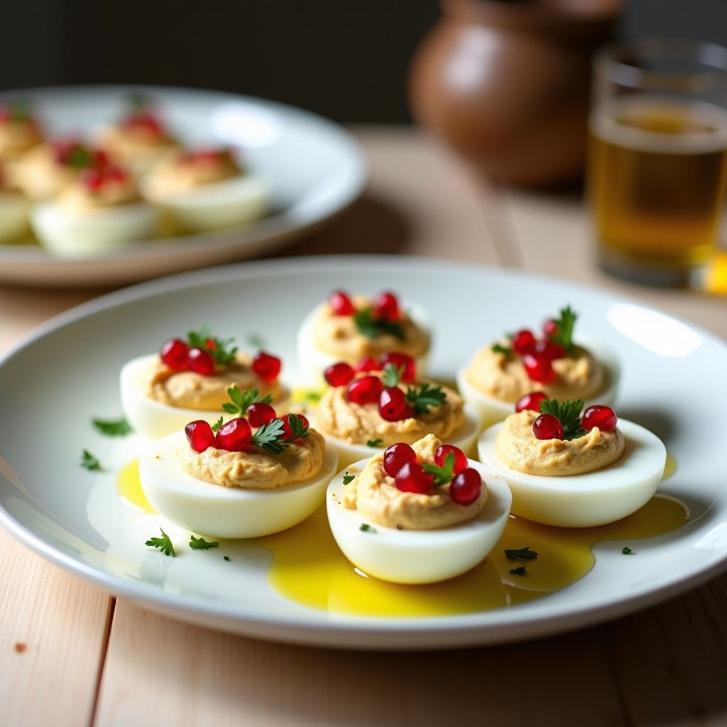Plato blanco con seis mitades de huevo rellenas de hummus cremoso, decoradas con granos de granada rojos brillantes, perejil verde y un hilo de aceite de oliva. Aperitivo proteico y sin gluten sobre fondo rústico de madera.