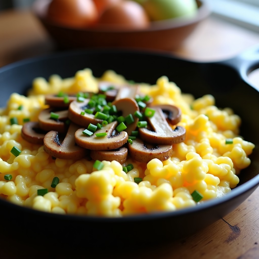 Plato blanco con huevos revoltillos esponjosos y dorados, mezclados con láminas de hongos shitake salteados y cebollino fresco. Decorado con semillas de sésamo negro y pimienta. Receta keto de desayuno rápida y saludable.
