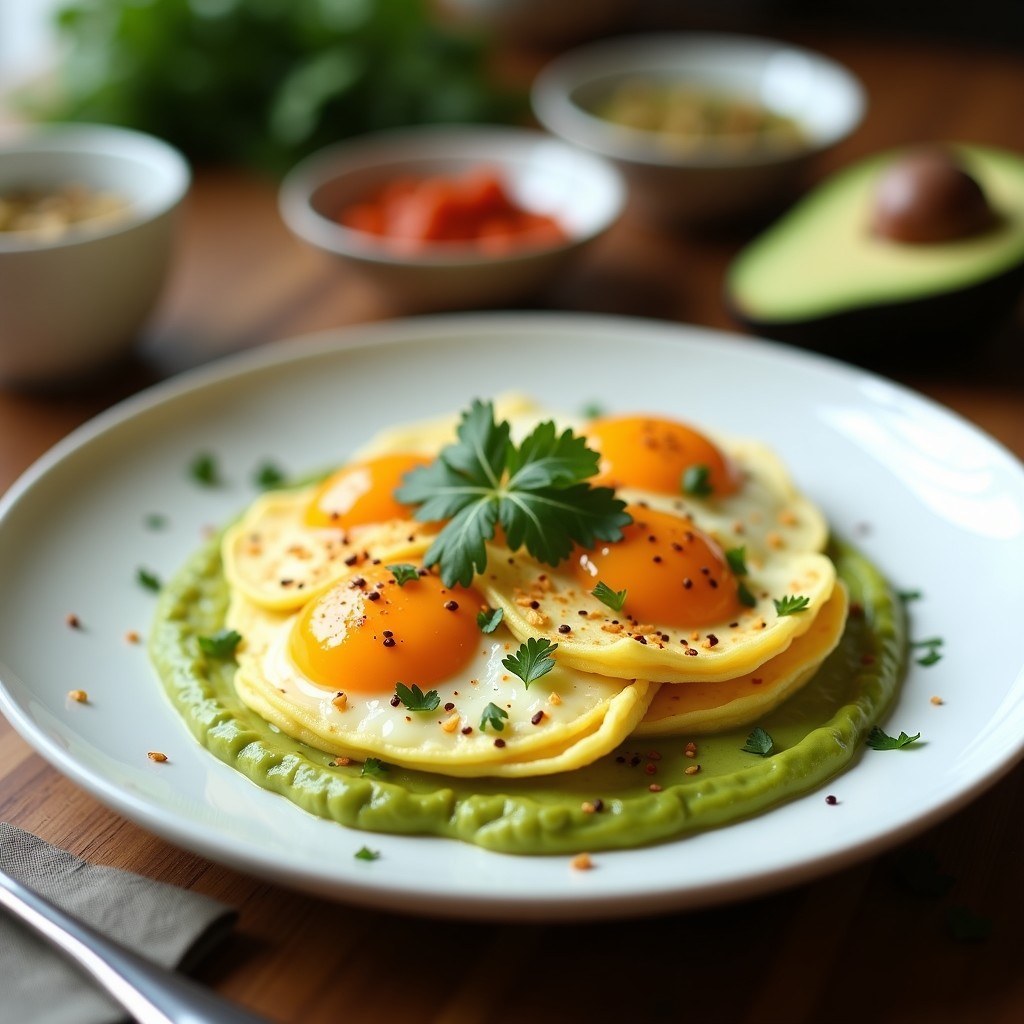 Plato blanco con huevos revueltos esponjosos sobre puré de aguacate cremoso, decorados con cilantro fresco y semillas de sésamo tostadas. La pasta de harissa añade un toque rojizo y ahumado. Desayuno tunecino keto rápido y saludable.