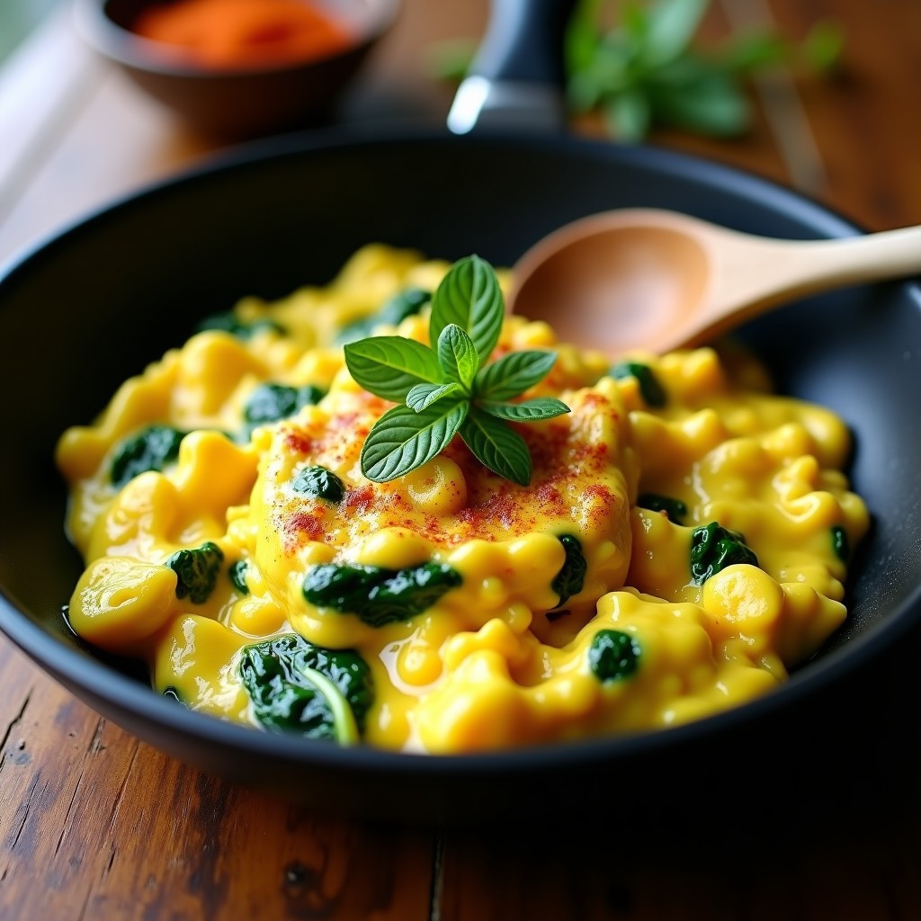 Plato blanco con huevos revuelos veganos de color amarillo dorado, espinacas verdes salteadas, tomates cherry rojos y semillas de sésamo espolvoreadas. Desayuno vegano alto en proteína con levadura nutricional.