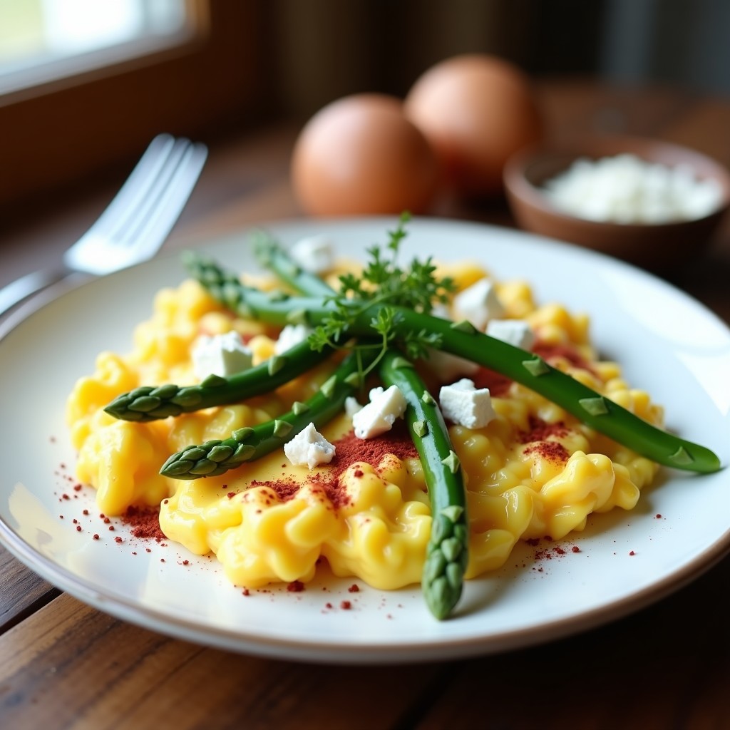 Plato blanco con huevos revueltos cremosos, espárragos trigueros salteados y queso feta desmenuzado, decorado con cebollino fresco y zumaque. Receta griega keto.