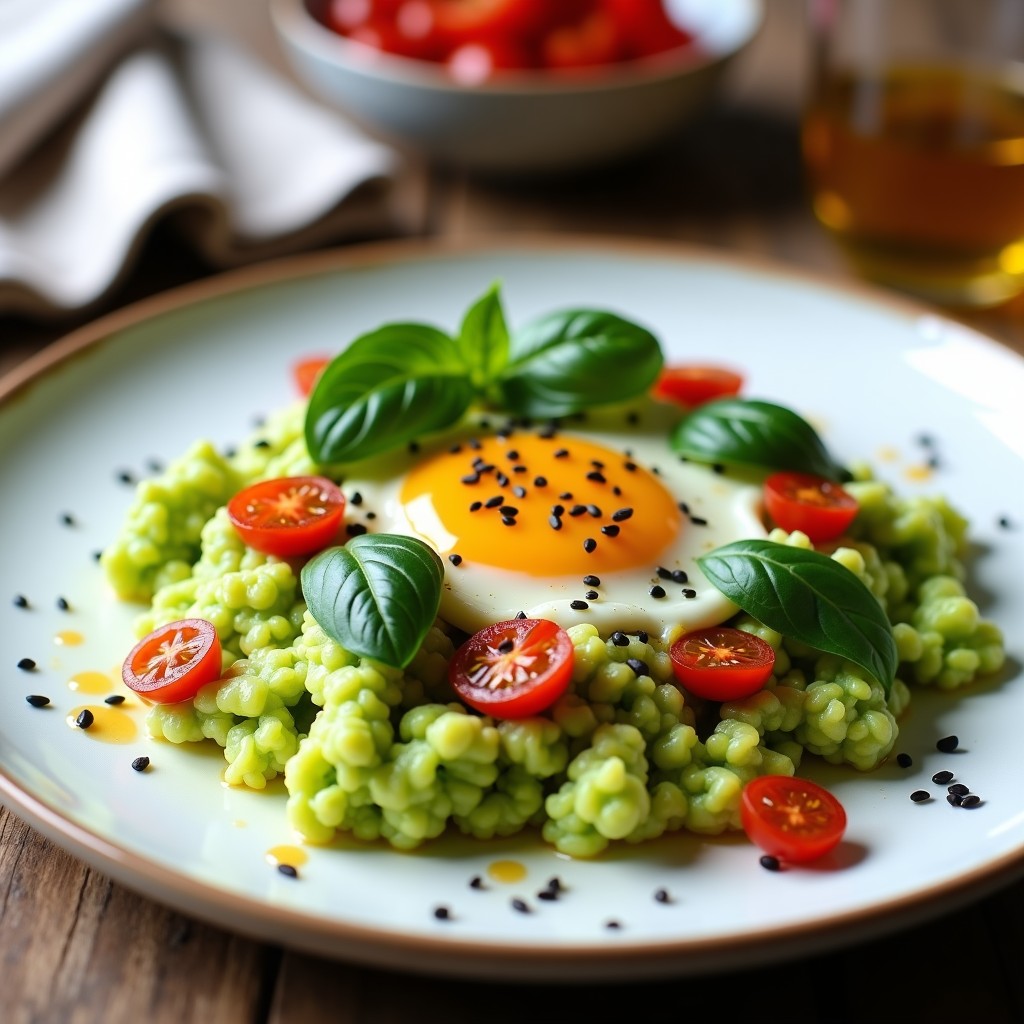 Plato blanco con huevos revueltos de color verde esmeralda por la espirulina, trozos de tomates secos dorados, semillas de sésamo negro y hojas de albahaca fresca. Desayuno keto y antiinflamatorio servido con un hilo de aceite de oliva virgen extra.