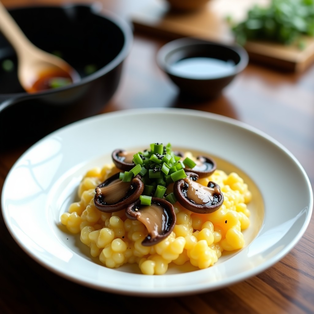 Plato blanco con huevos revueltos cremosos de color dorado claro, salteados con láminas de hongos shiitake dorados y escamas de cebolla negra brillante. Decorado con cebollino picado y semillas de sésamo negro, con un fondo de sartén de hierro fundido y utensilios de cocina japoneses.