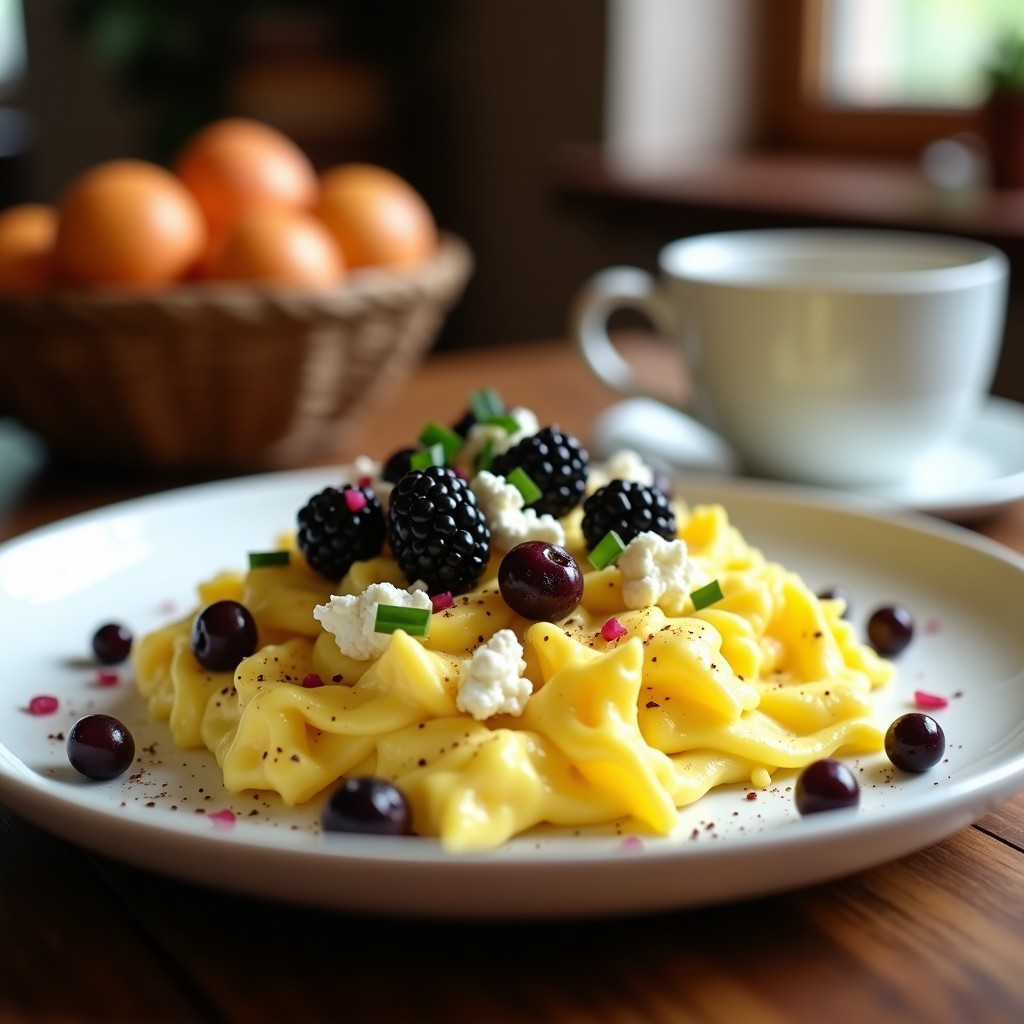Plato blanco con huevos revueltos cremosos de color amarillo pálido, salpicados de trozos de queso de cabra blanco y moras de los Andes moradas brillantes. Decorado con cebollín verde picado y un hilo de aceite de oliva. Fondo rústico con servilleta de lino.