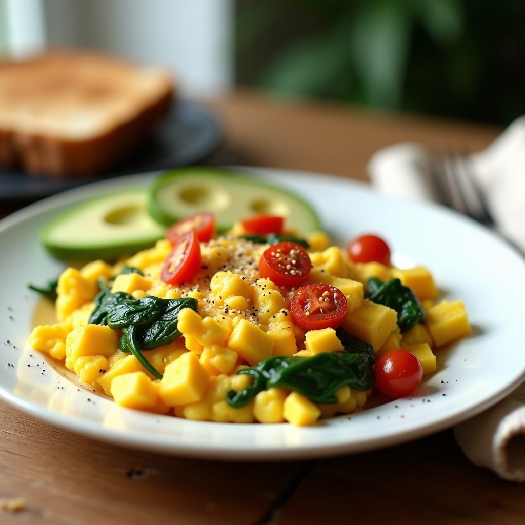 Plato hondo blanco con huevos revueltos de tofu dorados, espinacas verdes salteadas y trozos de tomates secos rojos, decorado con pimienta negra. Desayuno vegano alto en proteínas.