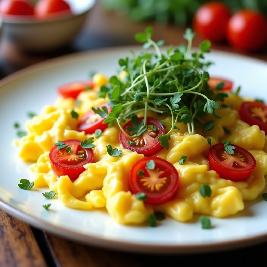 Plato blanco con huevos revueltos cremosos, tomates cherry dorados cortados por la mitad y microgreens frescos de colores vibrantes, decorados con perejil picado y un hilo de aceite de oliva. Desayuno keto rápido y saludable.