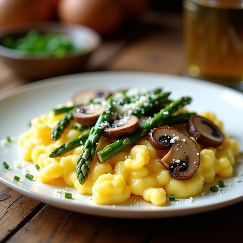 Plato hondo blanco con huevos revuelvos cremosos, láminas doradas de hongos portobello y trozos tiernos de espárragos verdes, salpicados de cebollino fresco. Desayuno keto alto en proteína con texturas vibrantes y colores naturales.
