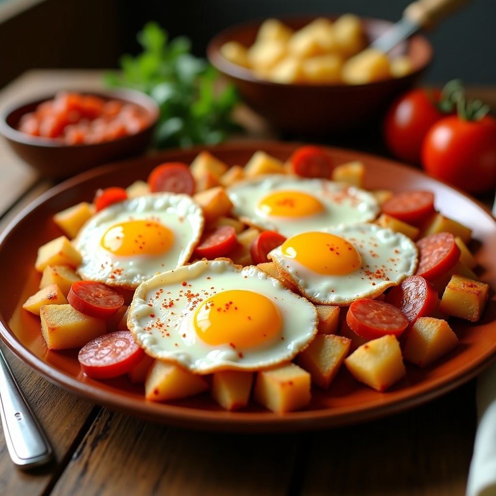 Plato hondo con huevos rotos sobre patatas fritas y rodajas de chorizo dorado, típico de la cocina española.