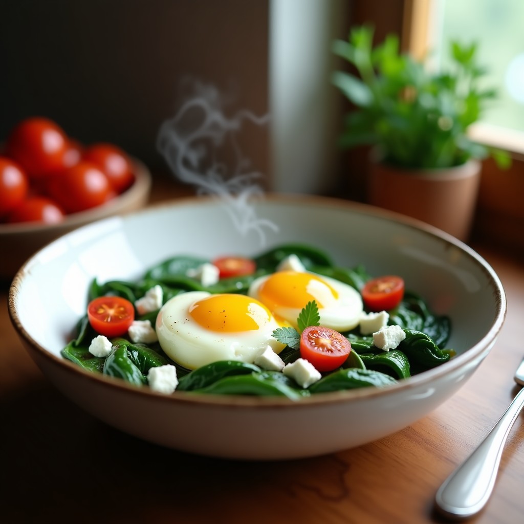 Plato hondo blanco con huevos al vapor sobre un lecho de espinacas salteadas, queso feta desmenuzado y tomates cherry. Decorado con perejil fresco y un chorrito de aceite de oliva, receta griega en olla express.