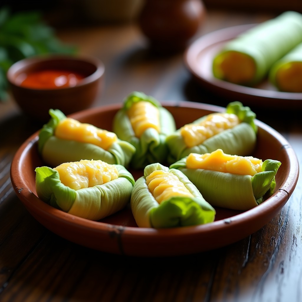 Humitas cremosas bolivianas al horno, envueltas en hojas de maíz, con relleno dorado y queso fundido, servidas en bandeja rústica.