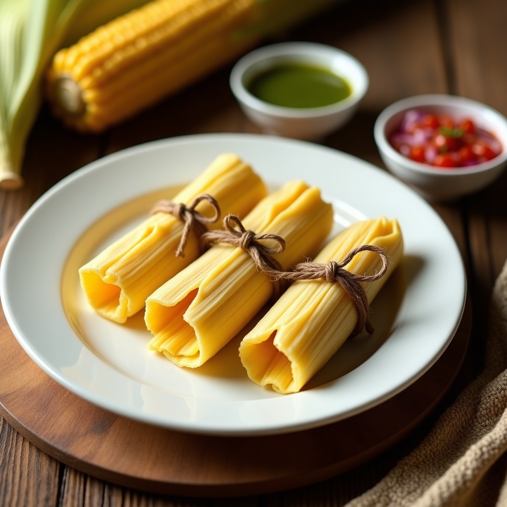Plato de humitas cremosas peruanas envueltas en hojas de maíz, servidas con ají verde y salsa criolla sobre fondo rústico de madera.