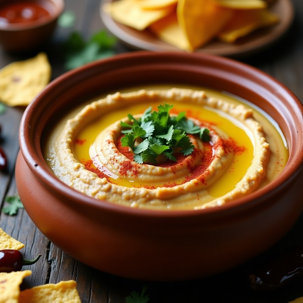 Bol de barro con hummus al ahuarache con chipotle, cremoso y decorado con aceite de oliva, cilantro fresco y pimentón ahumado, acompañado de totopos de maíz.