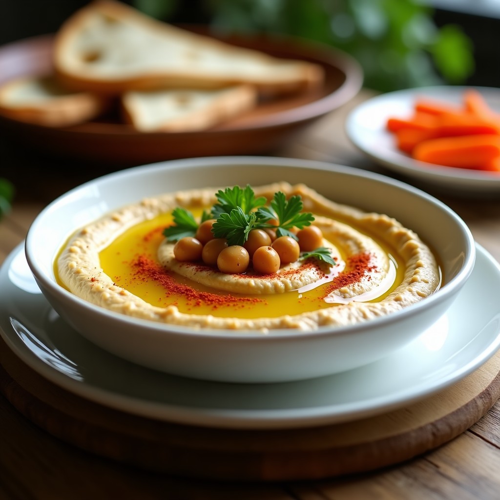 Bol de cerámica blanco con hummus de berenjena ahumada ultracremoso, decorado con garbanzos enteros, perejil fresco, pimentón ahumado y un hilo de aceite de oliva virgen extra. Acompañado de pan de pita tostado y zanahorias baby.
