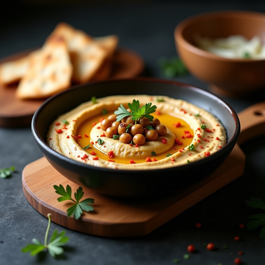 Bol de cerámica negra con hummus de berenjena ahumada cremoso, decorado con garbanzos, aceite de oliva, pimentón ahumado y perejil fresco. Pan de pita tostado al lado sobre tabla de madera rústica.