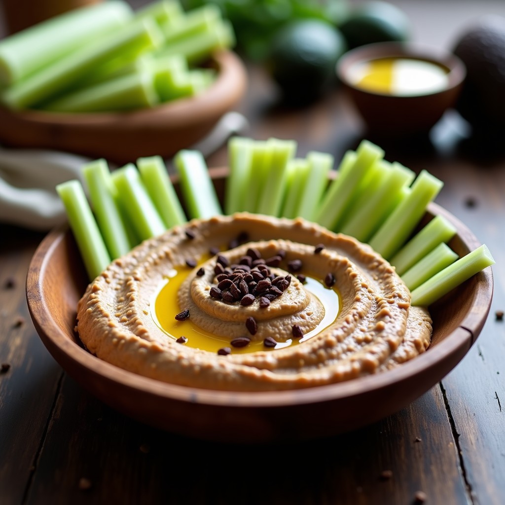 Bol de hummus keto de color marrón claro con textura cremosa, decorado con cacao nibs y un hilo de aceite de oliva virgen extra. Acompañado de bastones de apio y pepino sobre una tabla de madera rústica.